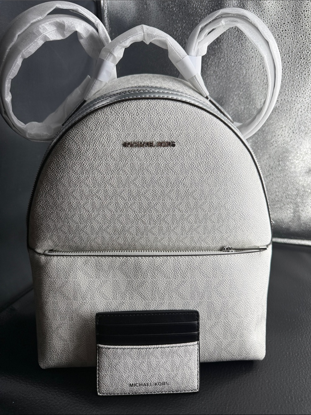 Michael Kors White Pebbled Leather Mini Backpack & card case NWT
